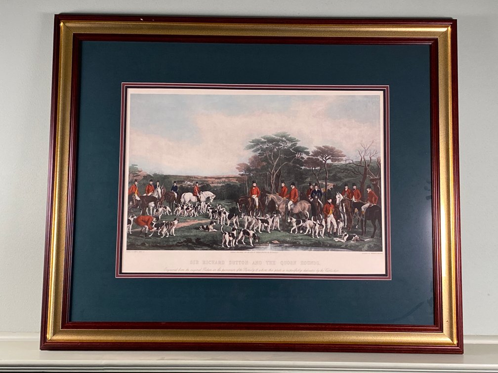 Framed Hunt Scene Sir Richard Sutton and The Quorn Hounds Equestrian Hunt Scene with Gilt Frame 27" x  34 " 