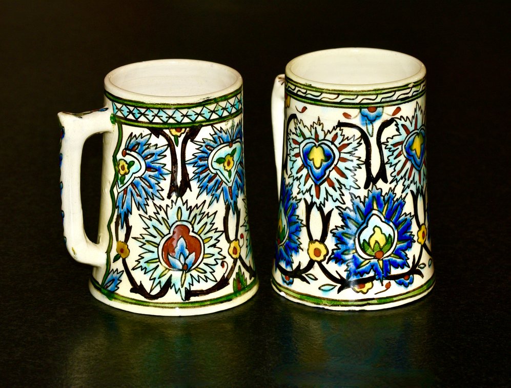 French Samson Iznik Ceramic Mugs circa 1900--Hand Painted