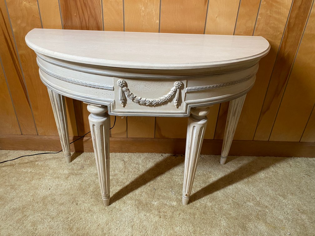 Henredon Louis XVI Neoclassical Travertine Demilune Side Entry Table