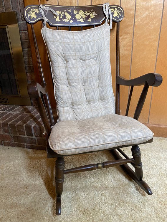 Vintage Wooden Rocking Chair with Decorative Gold Stenciled Top and Tufted Cushion Set