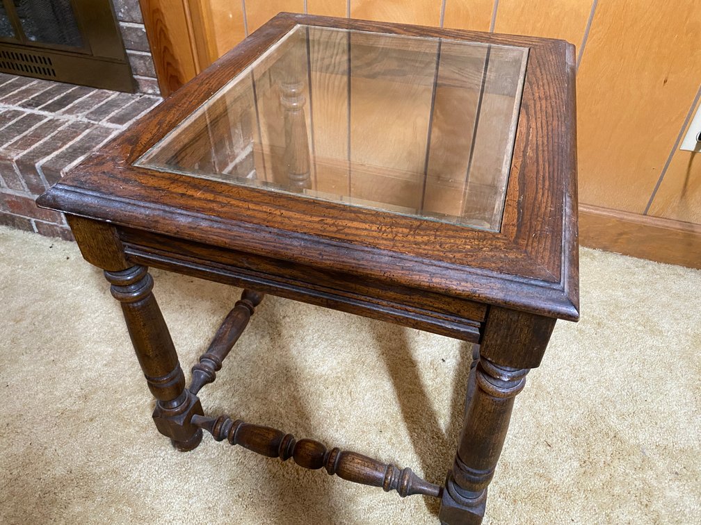 Oak Jacobean-Style Glass Top End Table