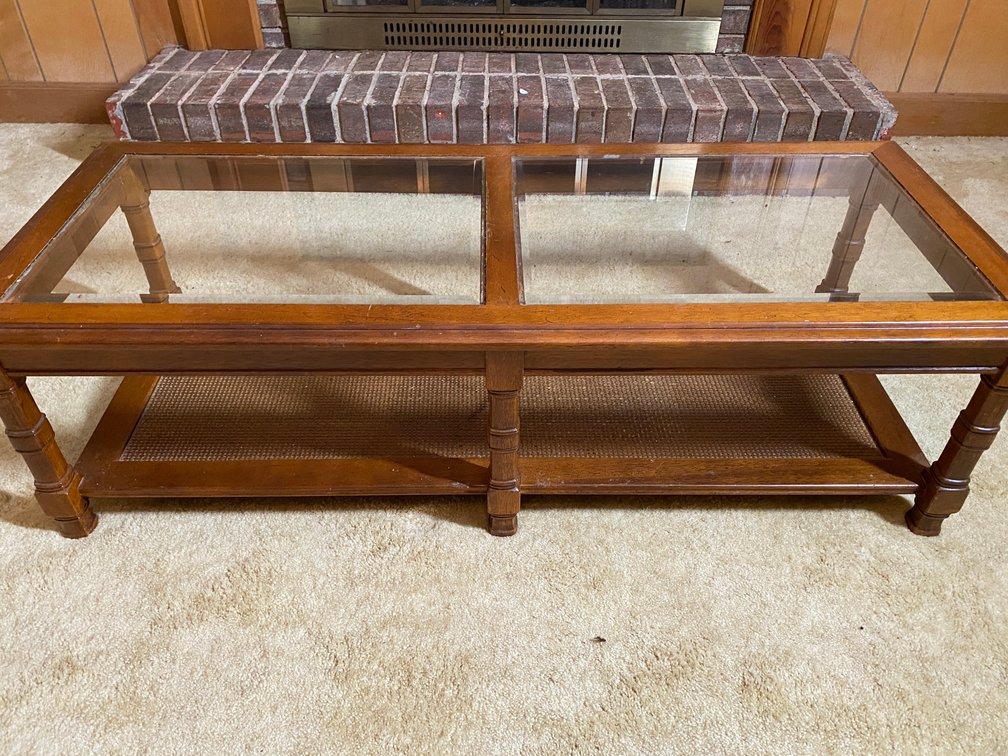 Vintage Glass-Top Coffee Table with Rattan Shelf