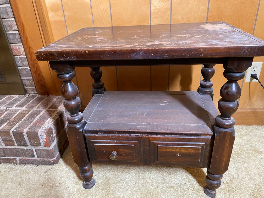 Small, Dark Wood Accent Table with Drawer and Turned Legs