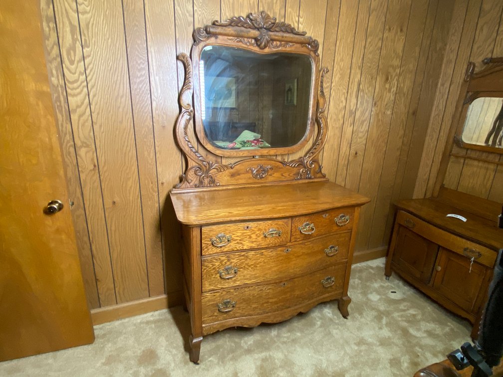 Antique Oak Dresser with Beveled Mirror