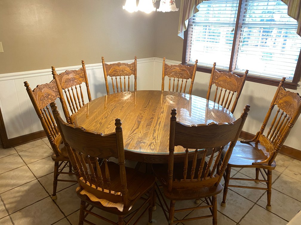 Antique Oak Round Table with Glass Protective Top and 8 Chairs