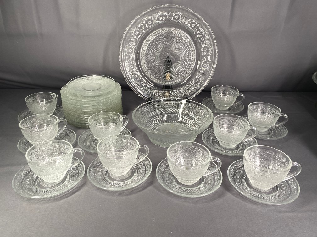 (36) Pressed Glass "Trellis" or "Sandwich Pattern" Dinnerware