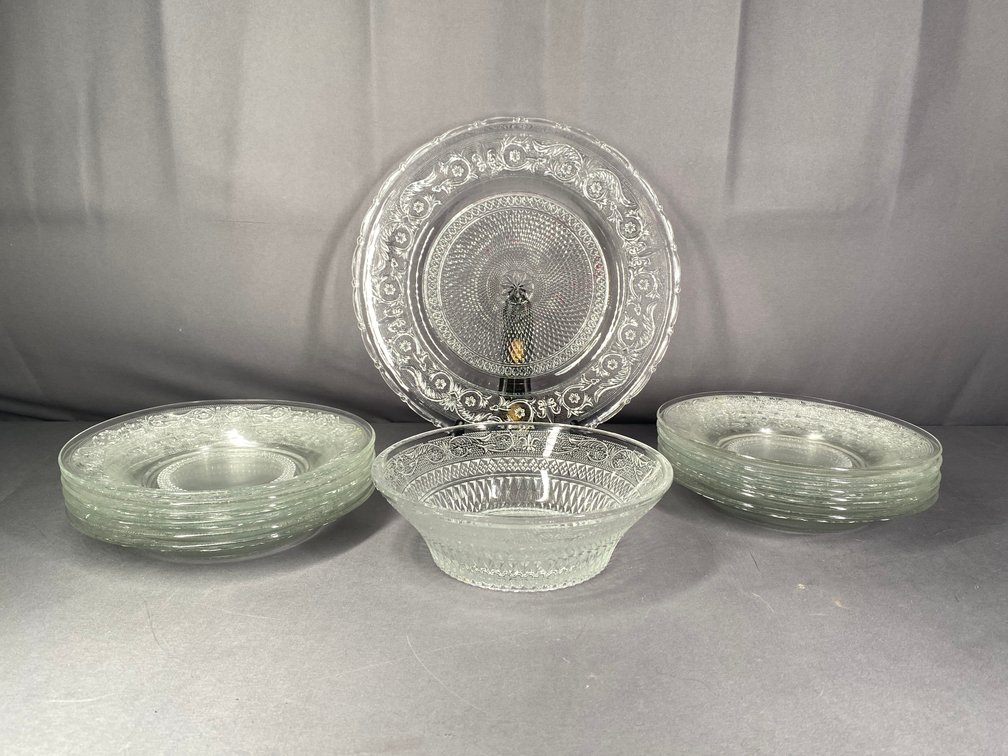 (14) Pressed Glass "Trellis" or "Sandwich Pattern" Dinnerware