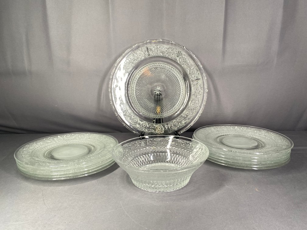 (13) Pressed Glass "Trellis" or "Sandwich Pattern" Dinnerware