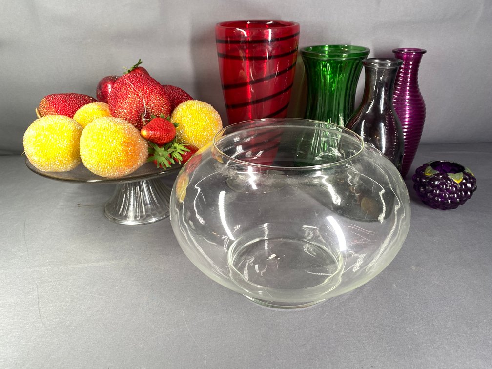 (7+) Glass Vases, Cake Plate, Crystalized Fruit