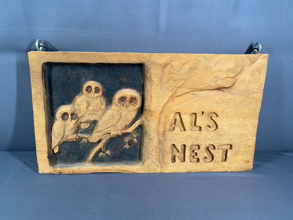Hand Made Wooden Owl Themed Sign "Al's Nest" Made and Signed by Dick Chenoweth, Conyers Georgia 1989