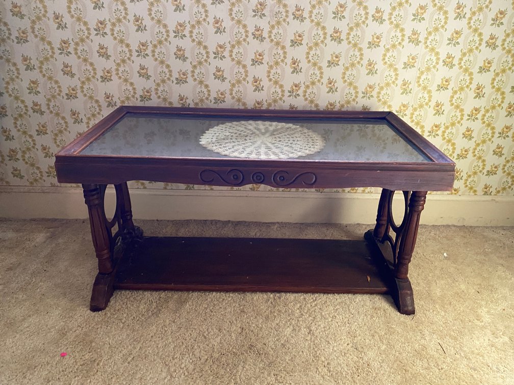 Vintage-Antique Wood and Glass Coffee Table with Hand-Crocheted Doily