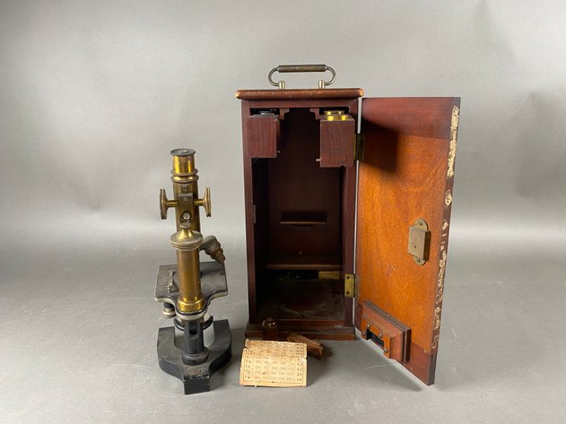 Image for Antique Brass Bausch and Lomb Physicians Microscope in Mahogony Case