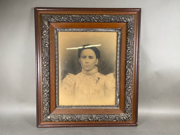 Image for Gorgeous Antique Wooden Frame with Victorian Era Black and White Portrait