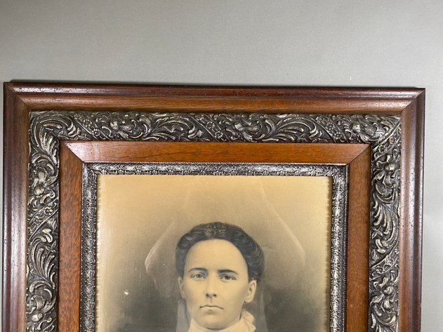 Image for Gorgeous Antique Wooden Frame with Victorian Era Black and White Portrait