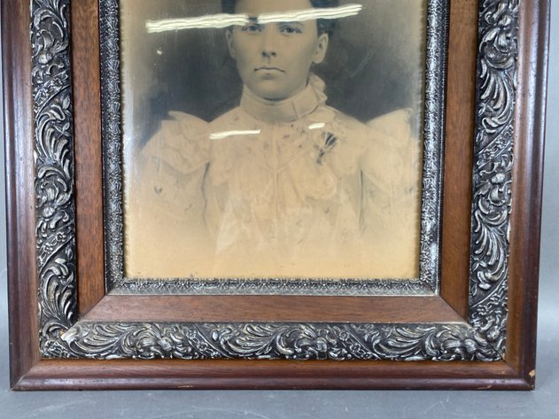 Image for Gorgeous Antique Wooden Frame with Victorian Era Black and White Portrait
