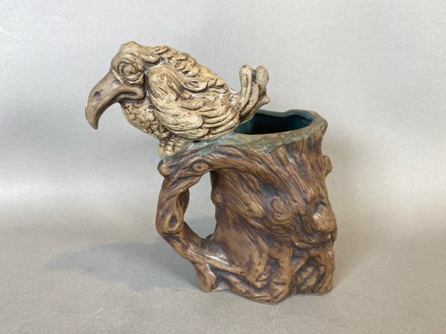 Image for Vintage Signed Jim Rumph Raven Mug, Vintage Pottery Frog Coin Bank, and Hand Painted Pelican Pottery