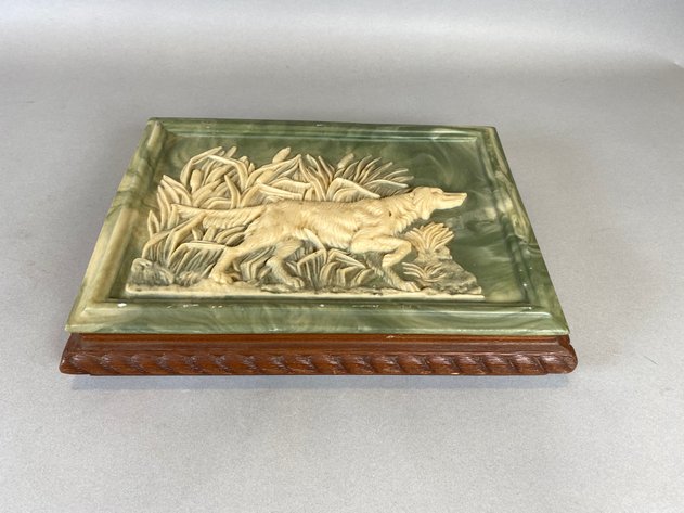 Image for (3) Vintage Resin Hinged Jewelry Box, with Brass Pointer Dog Figurine and Brass and Agate Mid Century Ashtray