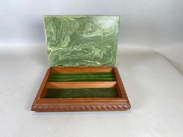Image for (3) Vintage Resin Hinged Jewelry Box, with Brass Pointer Dog Figurine and Brass and Agate Mid Century Ashtray