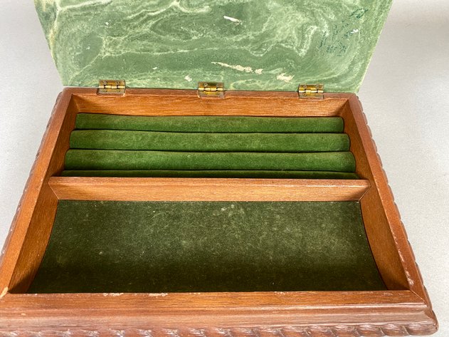 Image for (3) Vintage Resin Hinged Jewelry Box, with Brass Pointer Dog Figurine and Brass and Agate Mid Century Ashtray