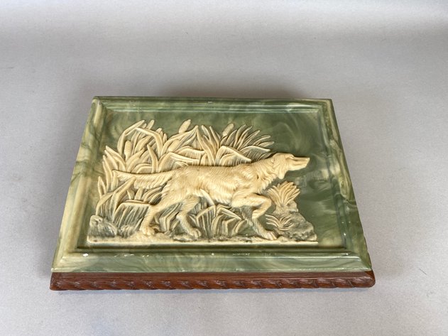 Image for (3) Vintage Resin Hinged Jewelry Box, with Brass Pointer Dog Figurine and Brass and Agate Mid Century Ashtray