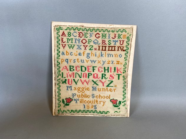 Image for Vintage Windsor Style Doll Chair, Resin Bust of Apollo, Porcelain Model of Ariadne and the Panther Figurine and Antique Needlepoint Dated 1935