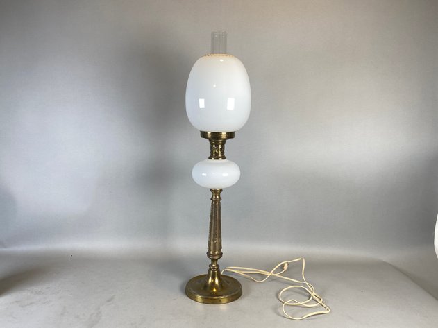 Image for Victorian Milk Glass Brass Oil Lamp Converted to Electric