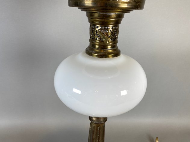 Image for Victorian Milk Glass Brass Oil Lamp Converted to Electric