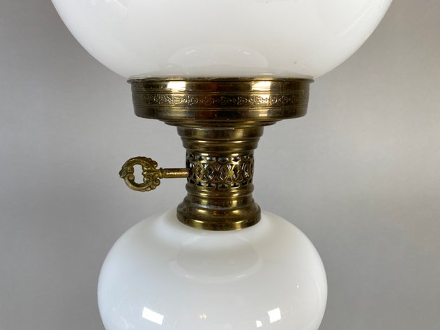 Image for Victorian Milk Glass Brass Oil Lamp Converted to Electric
