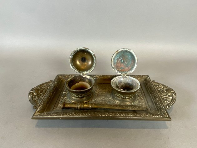 Image for Antique Victorin Style Double Inkwell Desk Set, Glass Inkwells & Miniature Gramophone Pencil Sharpener