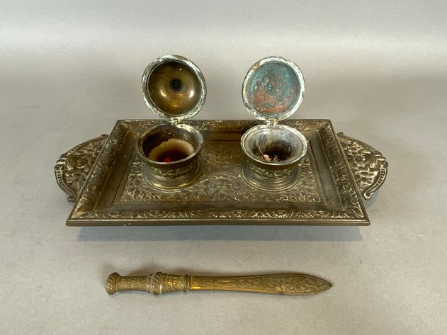 Image for Antique Victorin Style Double Inkwell Desk Set, Glass Inkwells & Miniature Gramophone Pencil Sharpener