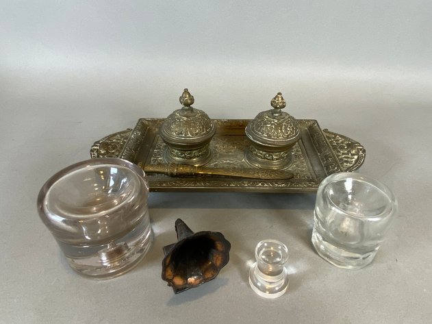 Image for Antique Victorin Style Double Inkwell Desk Set, Glass Inkwells & Miniature Gramophone Pencil Sharpener