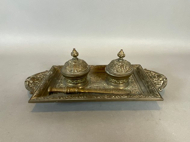Image for Antique Victorin Style Double Inkwell Desk Set, Glass Inkwells & Miniature Gramophone Pencil Sharpener