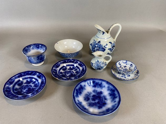 Image for Collection of Antique Blue & White Bowls, Cups & Saucer, Pitchers & More Including Delft, Flow Blue & Blue Willow