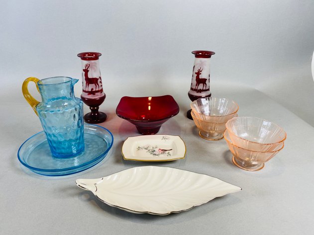 Image for Assortment of Decorative Glassware Including Empoli Style Pitcher, Lenox Porcelain Trinket Dishes, Pink Depression Glass Bowls & More