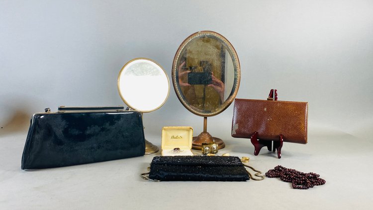 Image for Vintage Ladies Costume Jewelry and (3) Mid Century Purses, (2) Antique Vanity Style Shaving Mirrors