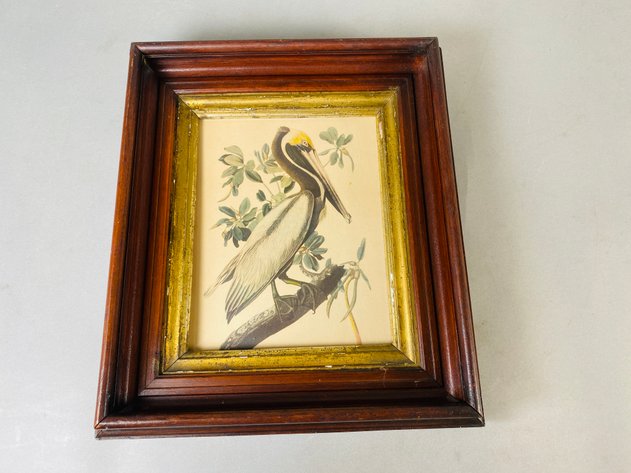 Image for Antique Wooden Framed with Antique Framed Crane Lithograph and Small Framed Signed Crane Photograph