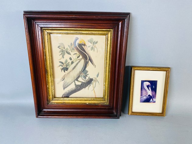 Image for Antique Wooden Framed with Antique Framed Crane Lithograph and Small Framed Signed Crane Photograph