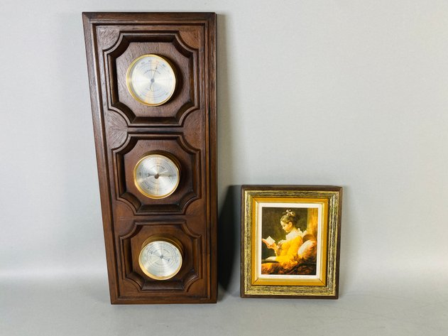 Image for Vintage Wood Tone Barometer and Framed Young Girl Reading Portrait on Board