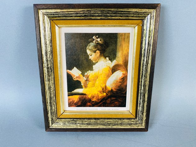 Image for Vintage Wood Tone Barometer and Framed Young Girl Reading Portrait on Board