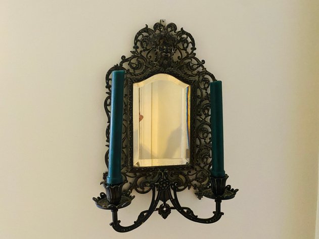 Image for Antique Cast Metal Baccus Wine God Mirrored Wall Sconce/Candle Holder