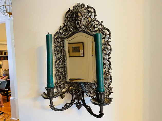 Image for Antique Cast Metal Baccus Wine God Mirrored Wall Sconce/Candle Holder