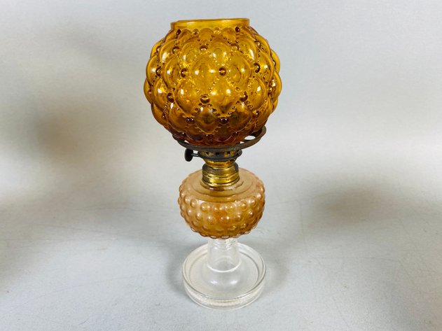 Image for (4) Vintage Glass and Metal Oil Lamps with Amberina Glass Hobnail Shades
