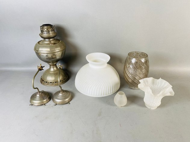 Image for Assortment of Vintage Oil Lamps, Glass Shades and Oil Wall Sconces