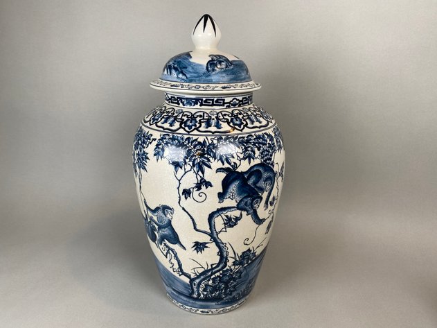 Image for Blue/White Crackled Glaze Monkey Ceramic Temple Jar
