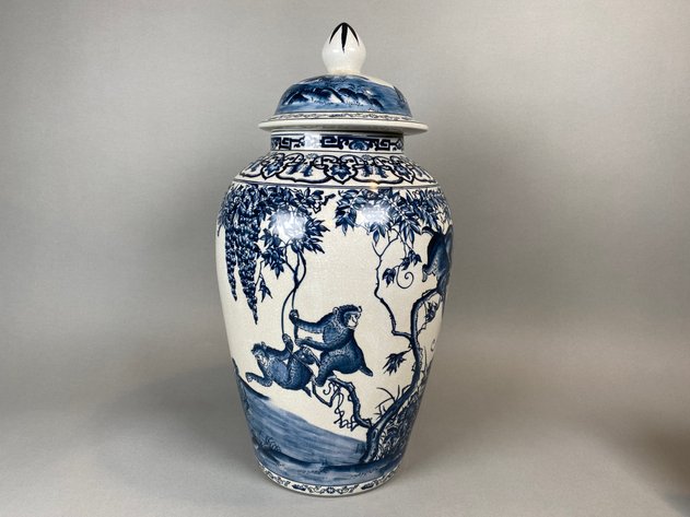 Image for Blue/White Crackled Glaze Monkey Ceramic Temple Jar