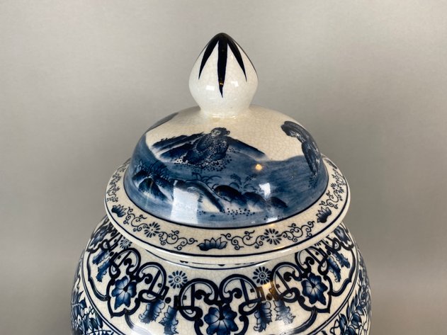Image for Blue/White Crackled Glaze Monkey Ceramic Temple Jar