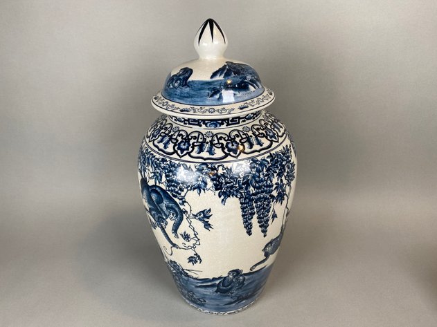 Image for Blue/White Crackled Glaze Monkey Ceramic Temple Jar