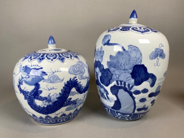Image for (2) Coordinating Chinese Ming Style Blue White Temple Jars