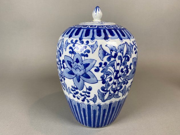 Image for Chinese Blue/White Floral Ceramic Temple Jar with Small Blue White Cup