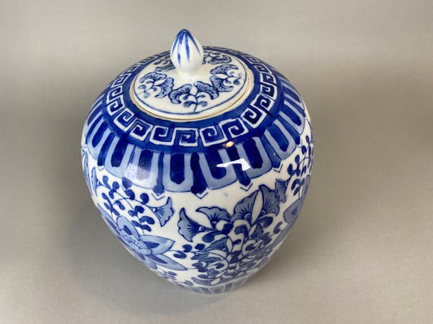 Image for Chinese Blue/White Floral Ceramic Temple Jar with Small Blue White Cup